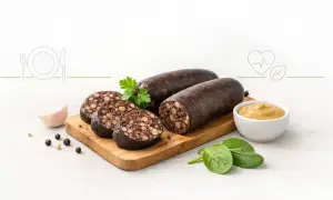 Kaszanka na desce z dodatkami: czosnek, pieprz, musztarda, szpinak i pietruszka. Czy kaszanka może być zdrowa?