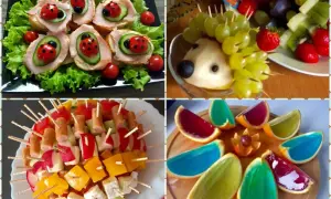 Kolorowe przekąski na urodziny dziecka: kanapeczki z biedronkami, jeżyk z owoców, szaszłyki i galaretki w pomarańczach.