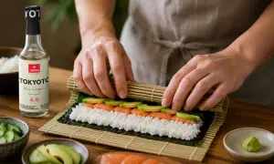 Ręce zwijają sushi z ryżem, łososiem i awokado. Obok butelka octu ryżowego do sushi.