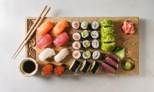 Drewniana deska z różnorodnymi składnikami do sushi: nigiri z łososiem, tuńczykiem i krewetkami, rolki z awokado i kurczakiem, maki, ikra, sos sojowy, wasabi i marynowany imbir.
