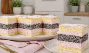 Pyszna krajanka z warstwami biszkoptu, kremu truskawkowego i maku. Idealna na deser!