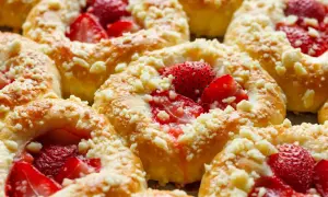 Pyszne drożdżówki z truskawkami, posypane kruszonką, kuszą swoim wyglądem i zapachem.