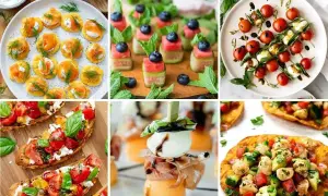 Kolorowe przekąski na grilla: mini tartinki z łososiem, szaszłyki z arbuza i borówek, caprese na patyczkach, bruschetta, melon z mozzarellą i prosciutto, quesadillas z kurczakiem.