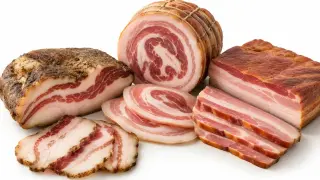Różne rodzaje boczku, idealne do carbonary: wędzony, rolowany i plastry.
