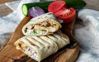 Pyszny kebab w tortilli z kurczakiem, warzywami i sosem, podany na drewnianej desce z pomidorem i ogórkiem.