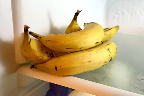 Kilka żółtych bananów leży na półce w lodówce. Czy banany można trzymać w lodówce? Tak, można, ale skórka może ściemnieć.
