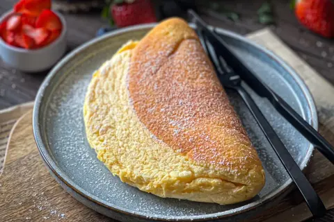 Puszysty omlet na słodko, posypany cukrem pudrem, idealny na śniadanie. Obok miseczka z truskawkami.