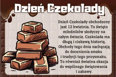 Stos czekoladek na tle tabliczki czekolady. Obrazek celebruje dzień czekolady, zachęcając do delektowania się tym przysmakiem.