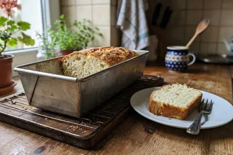 Domowe ciasto drożdżowe, sprawdzony przepis. Pachnący bochenek w keksówce i kromka na talerzyku.