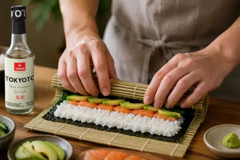 Ręce zwijają sushi z ryżem, łososiem i awokado. Obok butelka octu ryżowego do sushi.