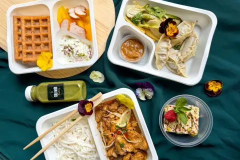Kilka pojemników z jedzeniem dietetycznym: gofry, kurczak, pierożki, makaron ryżowy, deser.