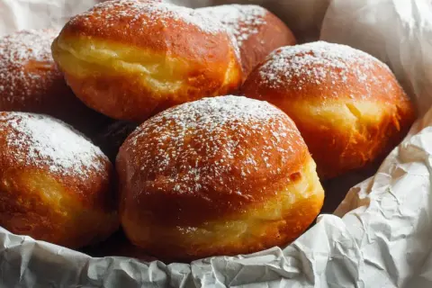 Stary przepis na pączki, które wyglądają jak prosto z babcinej kuchni. Puszyste, złociste, posypane cukrem pudrem.