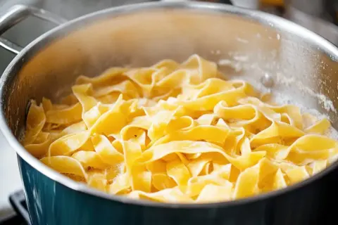 Szeroki, żółty makaron tagliatelle gotuje się w bulgoczącej wodzie. Idealny sposób, jak ugotować makaron do ulubionego sosu.