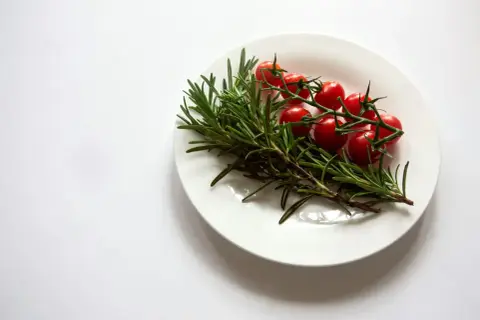 Gałązka rozmarynu z pomidorkami koktajlowymi na białym talerzu. Rozmaryn do czego? Do aromatycznych potraw!