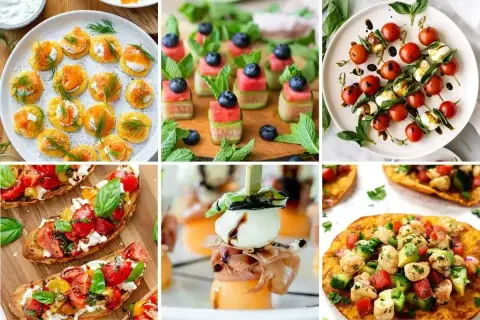Kolorowe przekąski na grilla: mini tartinki z łososiem, szaszłyki z arbuza i borówek, caprese na patyczkach, bruschetta, melon z mozzarellą i prosciutto, quesadillas z kurczakiem.