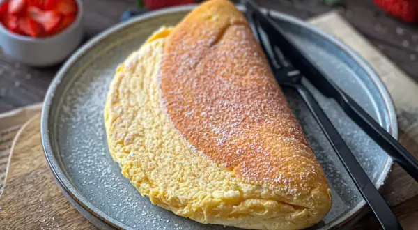 Puszysty omlet na słodko, posypany cukrem pudrem, idealny na śniadanie. Obok miseczka z truskawkami.