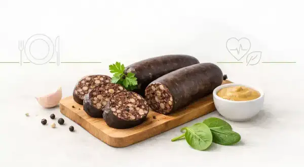 Kaszanka na desce z dodatkami: czosnek, pieprz, musztarda, szpinak i pietruszka. Czy kaszanka może być zdrowa?