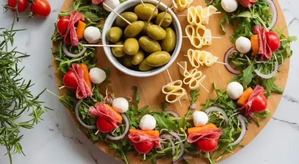 Oliwki, sery i przekąski z pomidorkami, mozzarellą i salami – idealne na 10 najlepszych sałatek na imprezę.