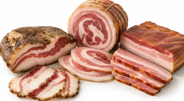 Różne rodzaje boczku, idealne do carbonary: wędzony, rolowany i plastry.