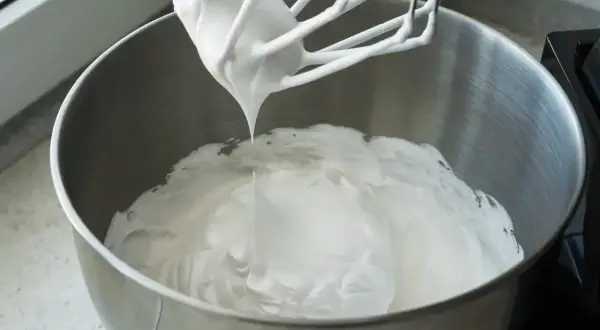 Ubita śmietana z mascarpone, puszysta i idealna do deserów, właśnie powstaje w metalowej misie miksera.