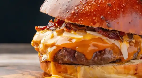 Soczysty burger z rozpływającym się serem i chrupiącym boczkiem. Zastanawiasz się, ile kalorii ma wieśmac? Ten wygląda na bogaty w smaku i kalorie!