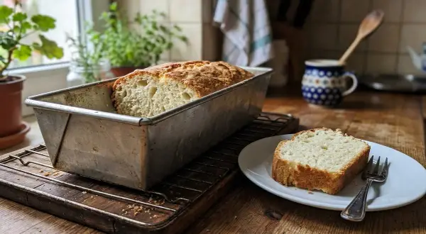 Domowe ciasto drożdżowe, sprawdzony przepis. Pachnący bochenek w keksówce i kromka na talerzyku.