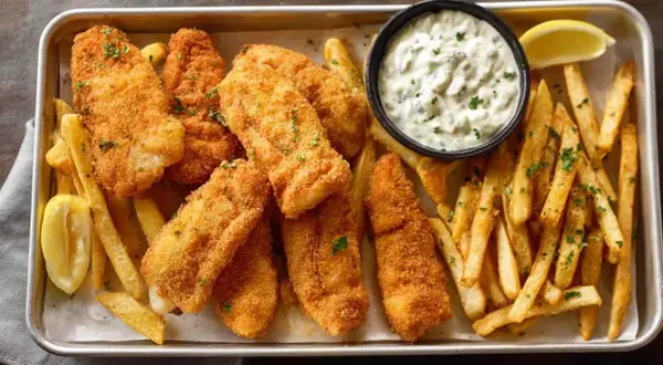 Chrupiące filety rybne i złociste frytki, idealne do domowego fish and chips przepisu. Podane z sosem tatarskim i cytryną.
