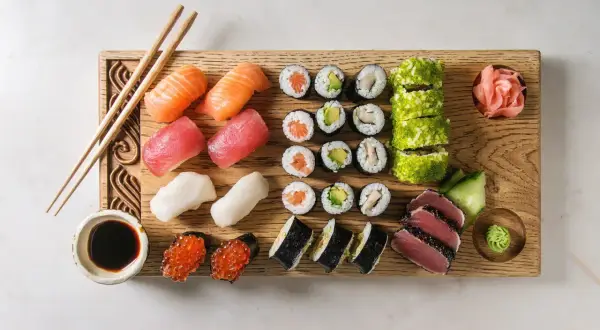 Drewniana deska z różnorodnymi składnikami do sushi: nigiri z łososiem, tuńczykiem i krewetkami, rolki z awokado i kurczakiem, maki, ikra, sos sojowy, wasabi i marynowany imbir.