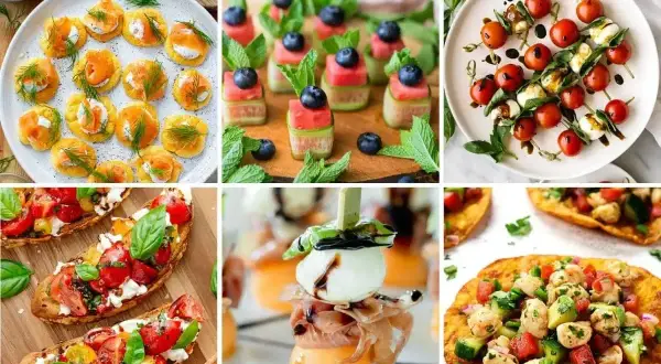 Kolorowe przekąski na grilla: mini tartinki z łososiem, szaszłyki z arbuza i borówek, caprese na patyczkach, bruschetta, melon z mozzarellą i prosciutto, quesadillas z kurczakiem.