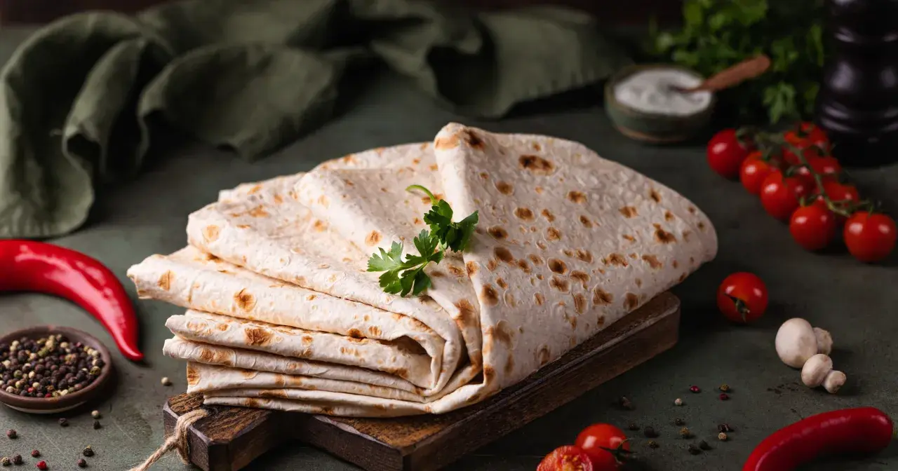 Stos cienkiego, puszystego lawaszu, ozdobiony natką pietruszki, obok pomidorków, papryczki chili i pieprzu. Idealny do wrapów.