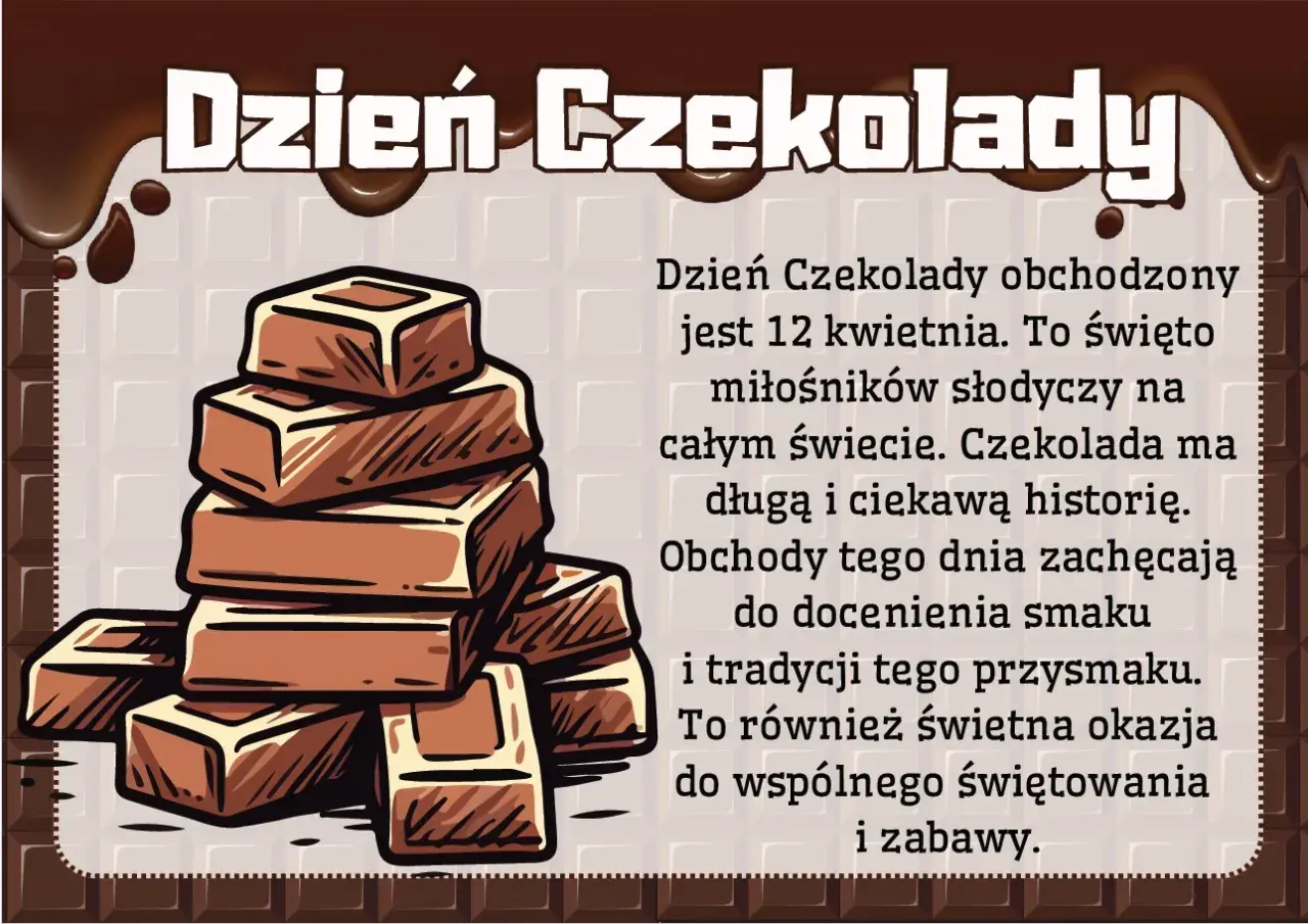 Stos czekoladek na tle tabliczki czekolady. Obrazek celebruje dzień czekolady, zachęcając do delektowania się tym przysmakiem.
