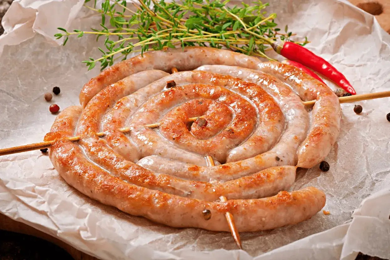 Apetyczna kiszka ziemniaczana z grilla, zwinięta w spiralę, podana z gałązką tymianku i papryczką chili.