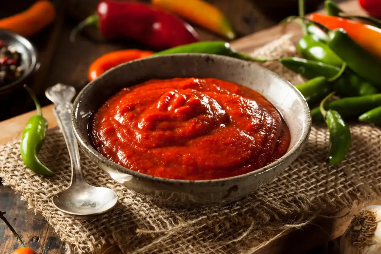 Miseczka pełna pikantnego sosu buffalo, otoczona świeżymi papryczkami chili i czosnkiem. Idealny dodatek do skrzydełek!