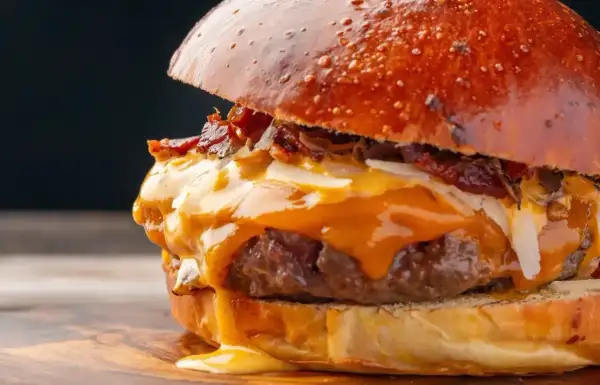 Soczysty burger z rozpływającym się serem i chrupiącym boczkiem. Zastanawiasz się, ile kalorii ma wieśmac? Ten wygląda na bogaty w smaku i kalorie!