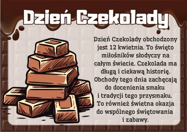 Stos czekoladek na tle tabliczki czekolady. Obrazek celebruje dzień czekolady, zachęcając do delektowania się tym przysmakiem.